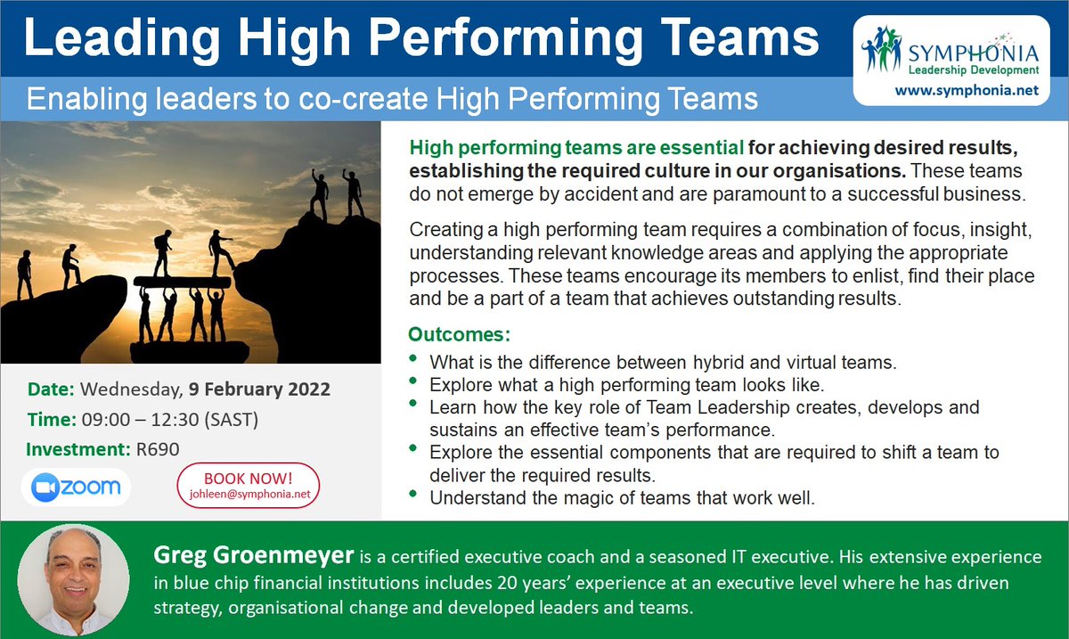 Kym Jackson (@kymjackson13) on Twitter photo Create the right environment to establish high-performing teams and support team members to make their best contribution.
#LeadingHighPerformanceTeams with <a href="/greggroen/">Greg Groenmeyer</a>
bookings.symphonia.net/booking_form_x…
symphonia.net/symphonia/inde… Create the right environment to establish high-performing teams and support team members to make their best contribution.
#LeadingHighPerformanceTeams with <a href="/greggroen/">Greg Groenmeyer</a>
bookings.symphonia.net/booking_form_x…
symphonia.net/symphonia/inde…