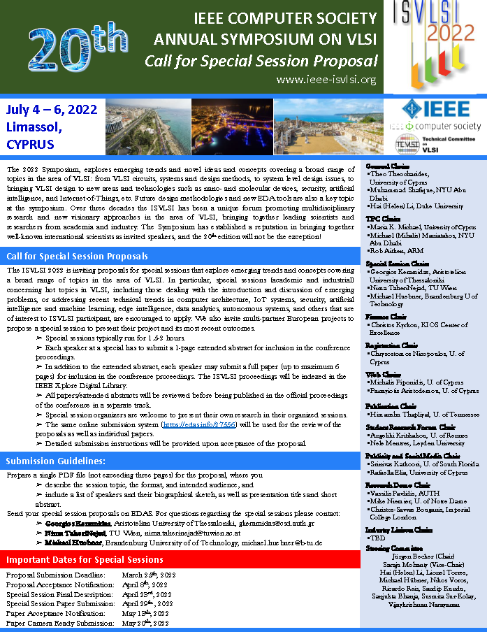 isvlsi2022's tweet photo. The ISVLSI 2022 is inviting proposals for special sessions that explore emerging trends and concepts covering a broad range of topics in the area of VLSI.

You can find the important dates below:
https://t.co/PcFnk3m18A
#isvlsi2022 https://t.co/5RCaSn72mn