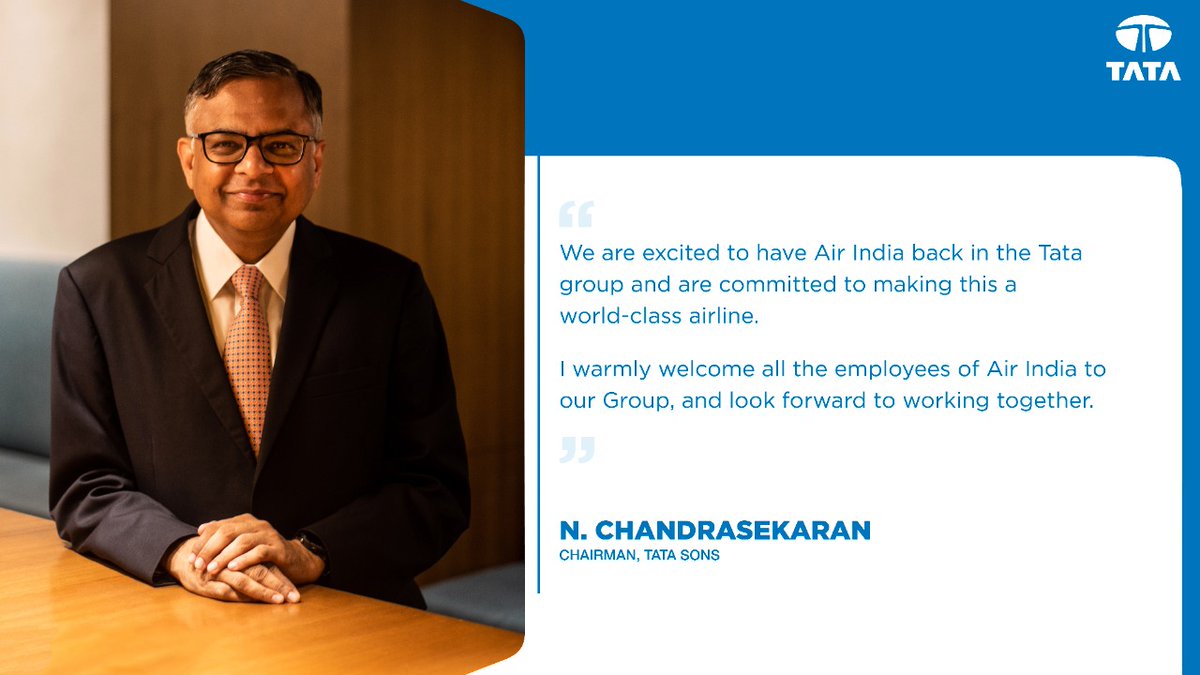 Message from our Chairman N. Chandrasekaran welcoming @airindiain back. #AirIndiaOnboard #ThisIsTata