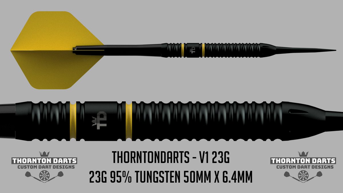 DartsFactory01's tweet photo. I Have Ordered the ThorntonDarts v1 Barrels :)
Even better news, you can Pre-Order them

(If outside UK DM me)
https://t.co/dvjWcbOuV4

Twin Ring grip, Black PVD Coating and a milled cut nose with my logo and a tiny bit of paint for the brand colours

23g 90% Tungsten 50 x 6.4mm https://t.co/cH19FK4c2h