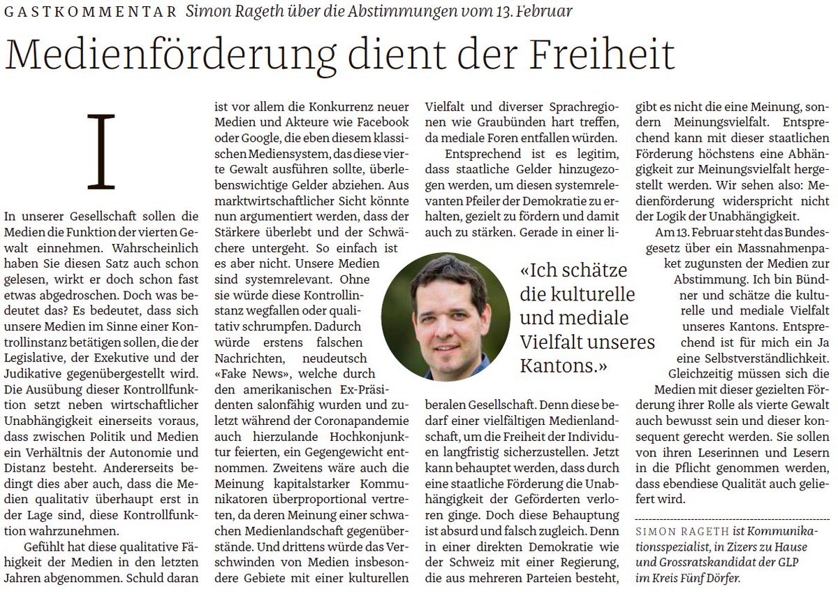 Simon Rageth (@simonrageth) on Twitter photo Weil #Medienförderung der #Freiheit dient. Meine Meinung zum #Mediengesetz heute im Bündner Tagblatt. @medienpaket_ja <a href="/medienpaketJA/">Bündner Komitee "JA zum Medienpaket"</a> Weil #Medienförderung der #Freiheit dient. Meine Meinung zum #Mediengesetz heute im Bündner Tagblatt. @medienpaket_ja <a href="/medienpaketJA/">Bündner Komitee "JA zum Medienpaket"</a>