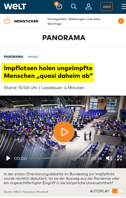 FrankenDemo's tweet photo. "Passend" zum #HolocaustGedenktag titelt die @welt, dass #Ungeimpfte von sog. #Impflotsen "quasi daheim" abgeholt werden ... 🤐
➡️ https://t.co/Ahvm3YLQWp https://t.co/MH4oFfaBQL