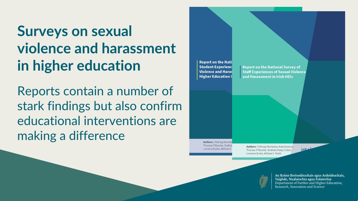 Minister Simon Harris had today published surveys of staff and student experiences of sexual harassment and sexual violence in third-level education.

More information as well as helpline contact details are available here: gov.ie/en/press-relea…

<a href="/SimonHarrisTD/">Simon Harris TD</a> <a href="/hea_irl/">HEA</a>