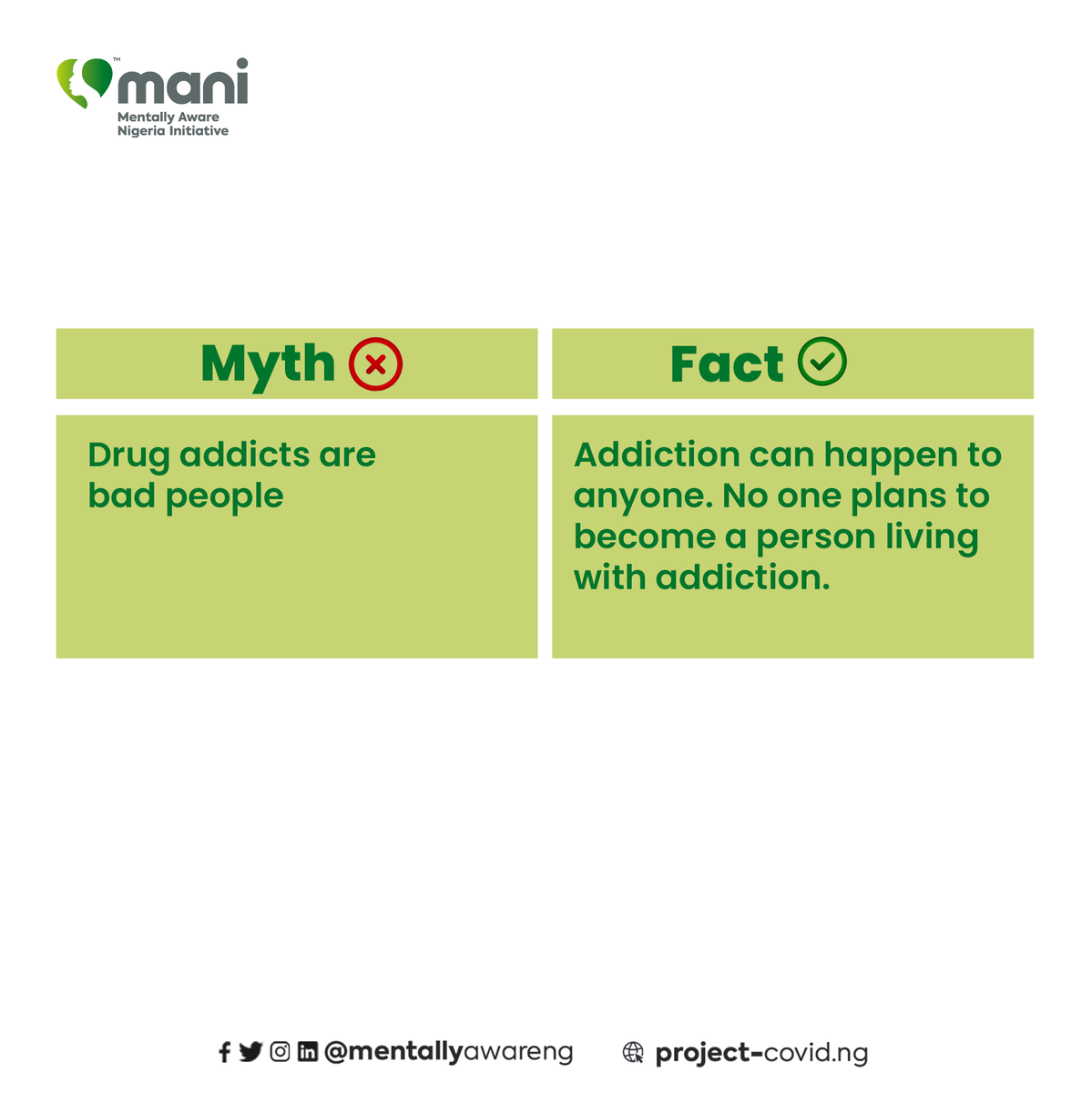 MentallyAwareNG's tweet photo. There are a lot of misconceptions about addiction and substance abuse. These are some common ones.
What other myths do you know?
#AddictionVsMentalHealth #AddictionIsAMentalIllness #SurvivingAddiction #RealityOfAddiction https://t.co/2VfU4eNW6s