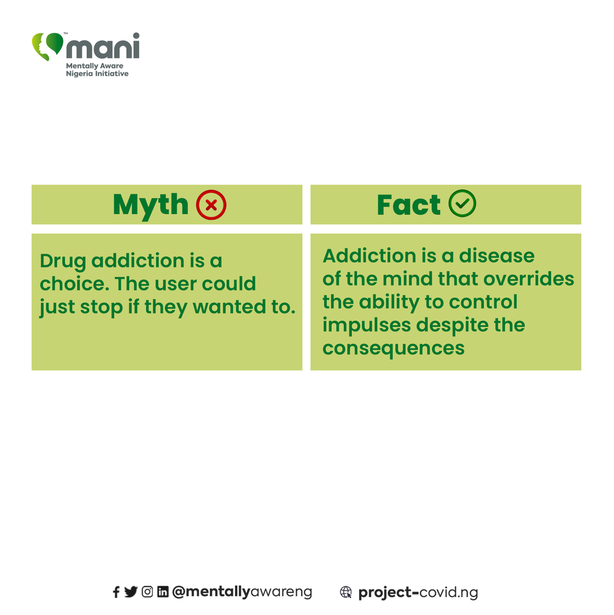 MentallyAwareNG's tweet photo. There are a lot of misconceptions about addiction and substance abuse. These are some common ones.
What other myths do you know?
#AddictionVsMentalHealth #AddictionIsAMentalIllness #SurvivingAddiction #RealityOfAddiction https://t.co/2VfU4eNW6s