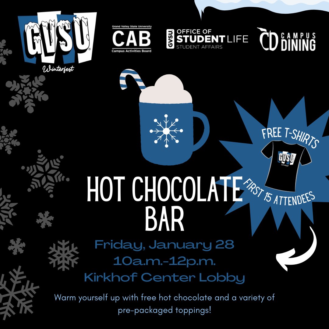 gvsucab's tweet photo. Winterfest begins TOMORROW! Make sure you see the whole thread for the full schedule of Friday's events. Be one of the first attendees of qualifying events to get yourself a FREE t-shirt! https://t.co/sPjhHSmR2f
