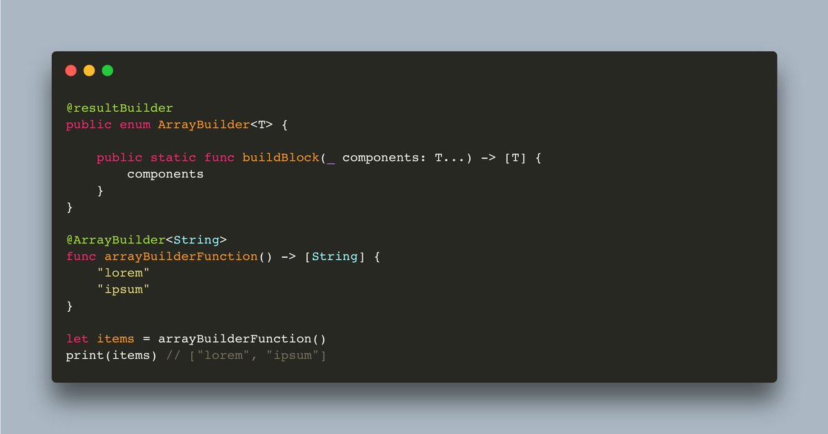 tiborbodecs's tweet image. I just came up with the idea of a generic property wrapper for building arrays...  🤔 

Not sure if I&apos;d use it or not, but seems like a valid code.😅

#SwiftLang #Xcode #codevapor #FeatherCMS