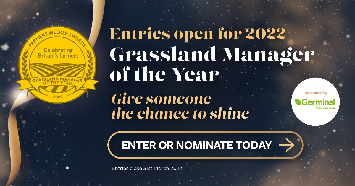 FarmersWeekly Awards (@fw_awards) on Twitter photo ๐ Entries are now open for the 2022 Grassland Manager of the Year ๐
Proudly sponsored by <a href="/GerminalUKAgri/">Germinal UK Agriculture</a>
Do you know someone who deserves recognition for their hard work?
Enter or nominate today! ๐
FWi.co.uk/awards22
#FWAwards #farmersweekly ๐ Entries are now open for the 2022 Grassland Manager of the Year ๐
Proudly sponsored by <a href="/GerminalUKAgri/">Germinal UK Agriculture</a>
Do you know someone who deserves recognition for their hard work?
Enter or nominate today! ๐
FWi.co.uk/awards22
#FWAwards #farmersweekly