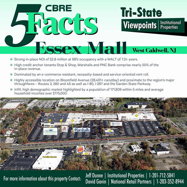 IGTriSuburbanIP's tweet photo. New to Market! CBRE has been retained as the exclusive advisor for the sale of Essex Mall, a 189,773± SF grocery-anchored center in West Caldwell, NJ. For information, contact Jeff Dunne at 201-712-5841 or David Gavin at 203-352-8944. @CBRE.us/IGTristate https://t.co/9Mqohwxw9W