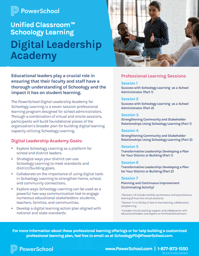 👩‍🎓👨‍🎓 Are you a district leader that uses #Schoology?? Did you know we have a seven-session program called Digital Leader Academy for you!? Check it out below! 👇 PM me if you have any questions!
 #ProvenPractices #FETC #TCEA22 @mypowerschool