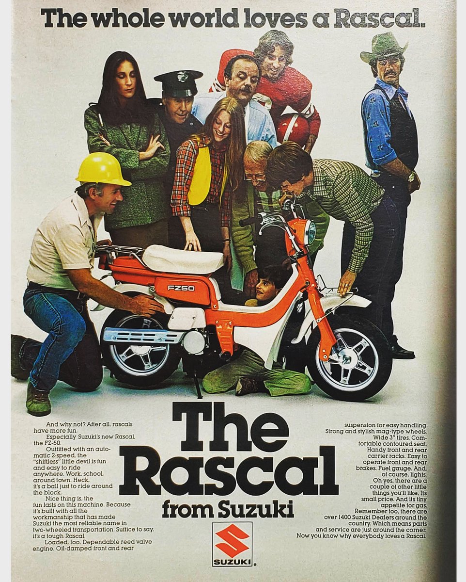 suzukicycles's tweet photo. #TBT The whole world loves a Rascal - Throwback to 79 and the Suzuki Rascal FZ-50. This scooter featured a 50cc reed valve engine, “oil-damped” front and rear suspension, and “stylish 3” mag-type wheels.” Who remembers this cool Suzuki scooter? 

#Suzuki #SuzukiCycles #FZ50 https://t.co/YrWGRmnCup