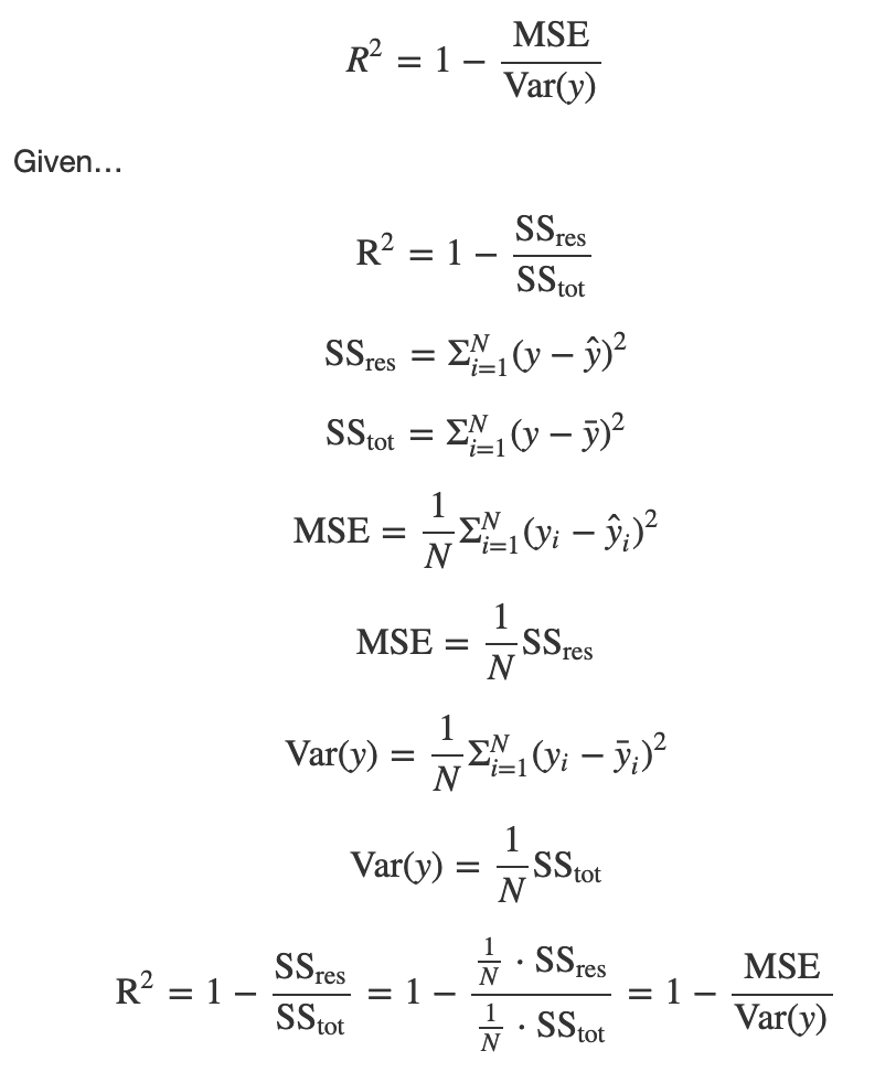 willkurt's tweet photo. Probably obvious to many people, but this morning I just realized that R^2 (coefficient of determination) can be viewed as 1 - MSE/Var(y).

For whatever reason my brain puts SS_res and MSE in totally different places where they're very nearly the same. https://t.co/AsPKlbwc94