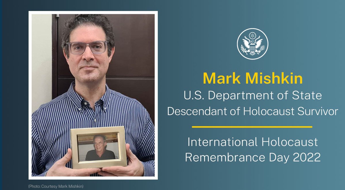 StateDeputySpox's tweet image. Mark Mishkin, Foreign Service Officer: Holocaust issues are more than just a vague human rights concern for me; they’re deeply personal. My grandfather, Samuel Goldberg, survived Auschwitz-Birkenau. It was my grandparents’ experience that ultimately drove me to serve my country.
