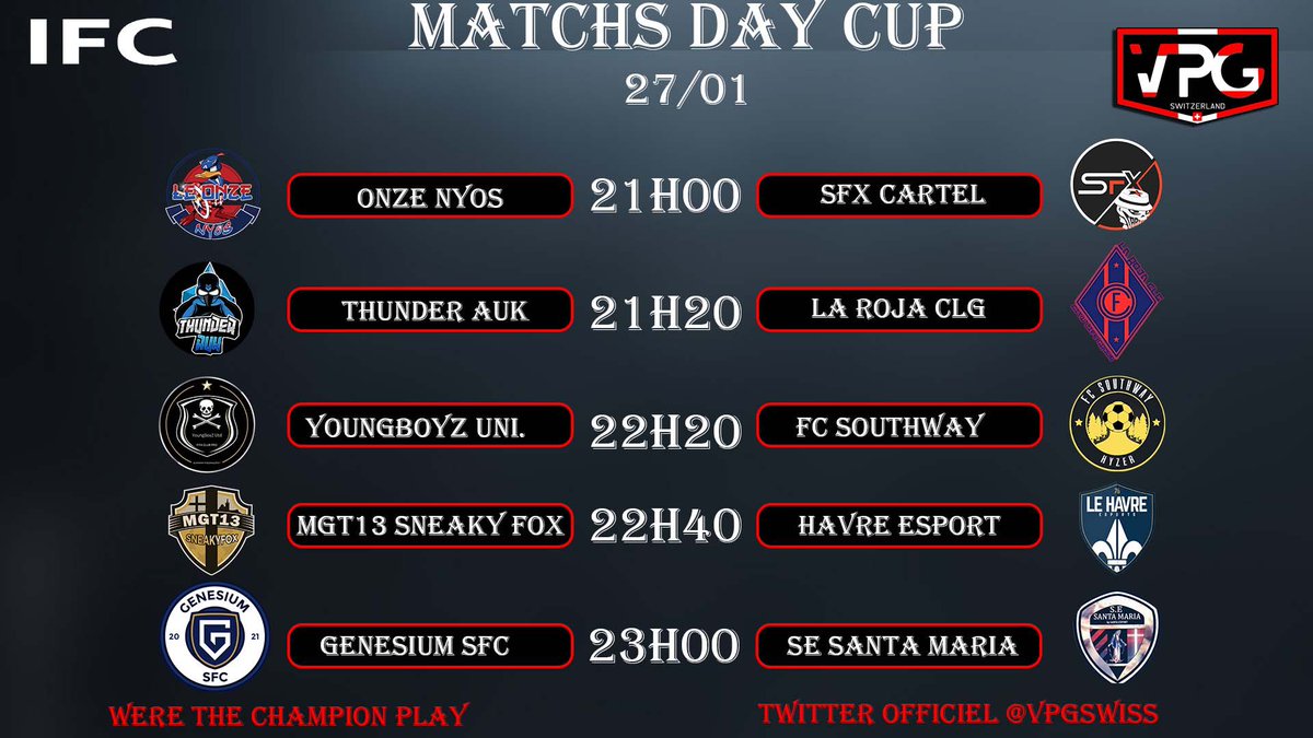 VPG Switzerland 🇨🇭 (@swissvpg) on Twitter photo Voici les affiches de la soirée en Raiffeisen League, Challenge League ainsi qu’en cup.
Bon matchs à tous.
#WhereTheChampionsPlay
#FIFA22 #eSports
<a href="/OfficialVPG/">Virtual Pro Gaming</a> Voici les affiches de la soirée en Raiffeisen League, Challenge League ainsi qu’en cup.
Bon matchs à tous.
#WhereTheChampionsPlay
#FIFA22 #eSports
<a href="/OfficialVPG/">Virtual Pro Gaming</a>