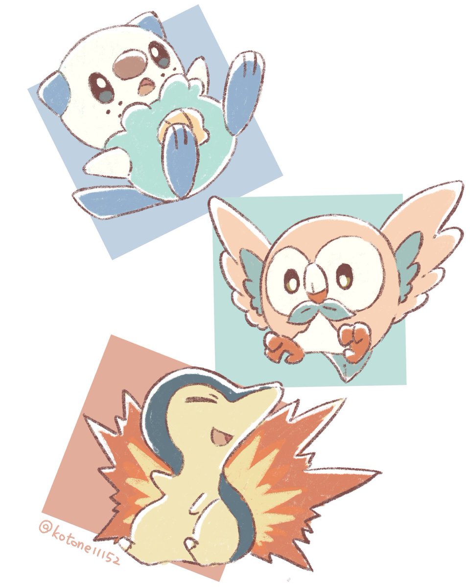 cyndaquil ,oshawott ,rowlet pokemon (creature) no humans open mouth fire closed eyes food smile  illustration images