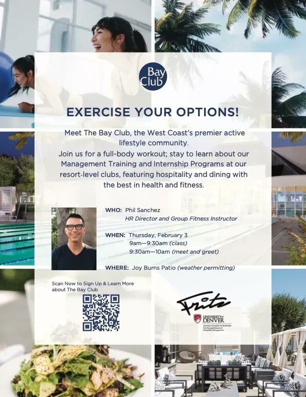 Come exercise your body and your career options with us next Thursday, 2/3. <a href="/bayclubs/">The Bay Club</a> will be hosting a workout immediately followed by a meet and greet to learn about management training and internship programs. RSVP to Stephanie Van Cleve. #hospitality #careeropportunities