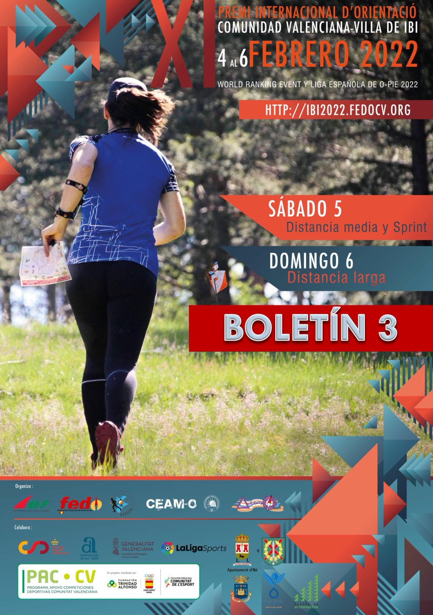 📢 BOLETÍN 3 del XI Premi d'Orientació de la Comunitat Valenciana Villa de Ibi 2022 - WRE.
📙 ibi2022.fedocv.org/boletines/
🔴 ¡ÚLTIMAS HORAS INSCRIPCIONES!
📝 sico.fedo.org/carrera.php?id…
ℹ️ ibi2022.fedocv.org
#orienteering #orientación <a href="/comunitatesport/">Comunitat de l'Esport</a> <a href="/fta_cv/">Fun.Trinidad Alfonso</a> #comunitatesport