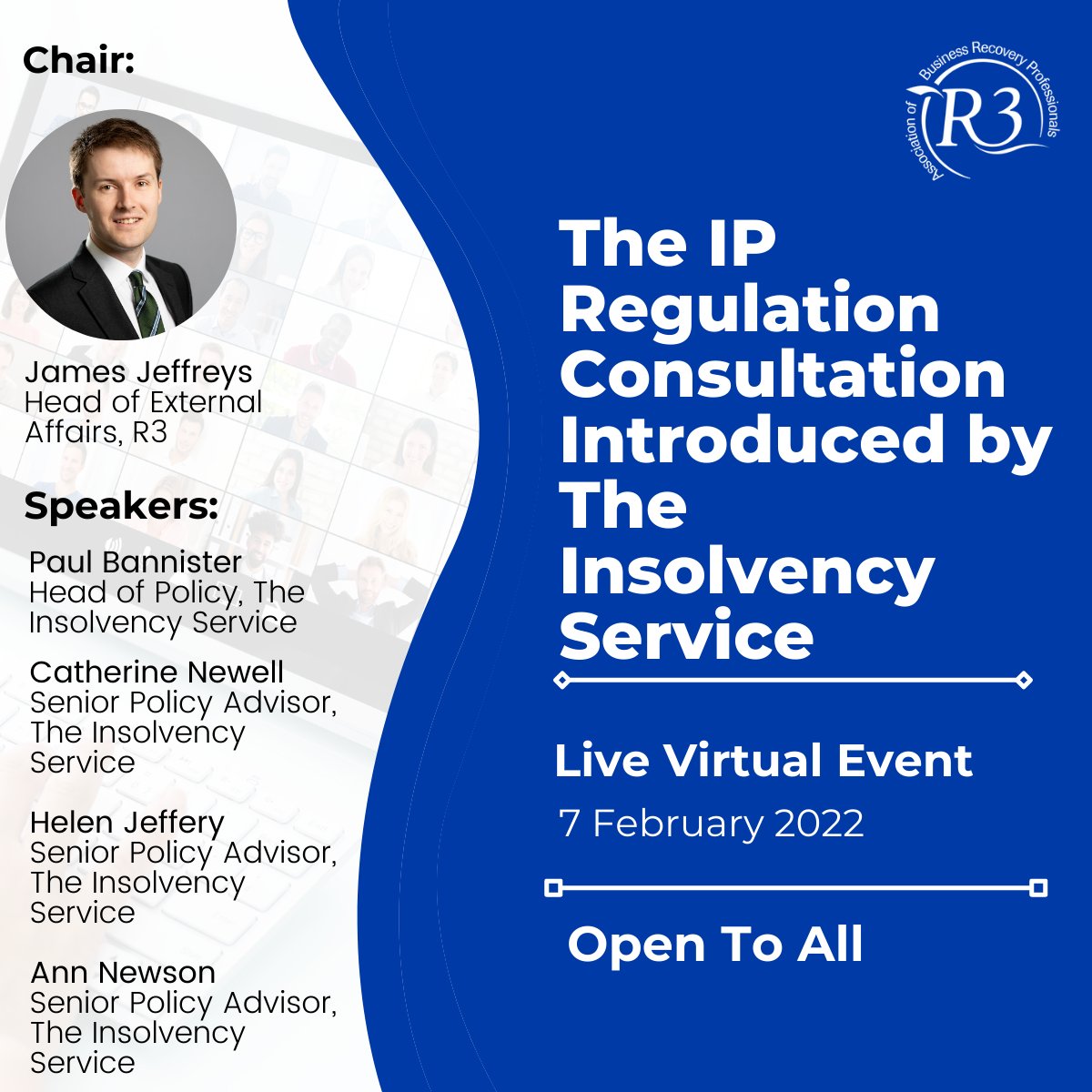 R3_Membership's tweet photo. Join us on the 7th February for our live webinar: The IP Regulation Consultation introduced by
@insolvencygovuk. Where we will discuss the future regulation of Insolvency #Practitioners. To register, go to https://t.co/yVNqdRJKTy #IPRegulation #Insolvency https://t.co/jEZpVLeZwn