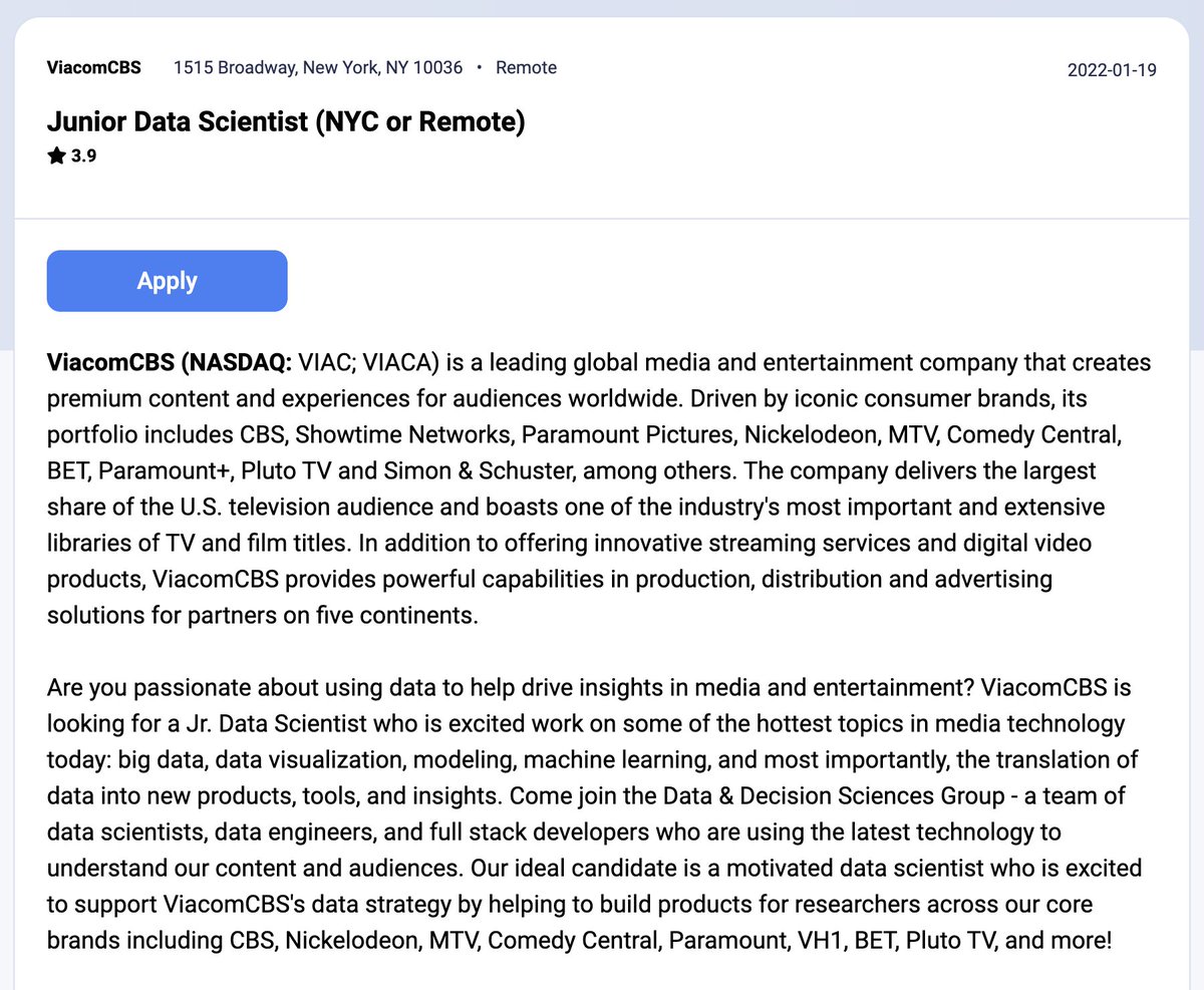 dayrows's tweet image. ViacomCBS  |  Junior Data Scientist (NYC or Remote)
dayrows.com/vacancy/4718

#DataScientists #DataScience #DataScienceJob #DayRows #JuniorJobs #RemoteJobs #RemoteInternship