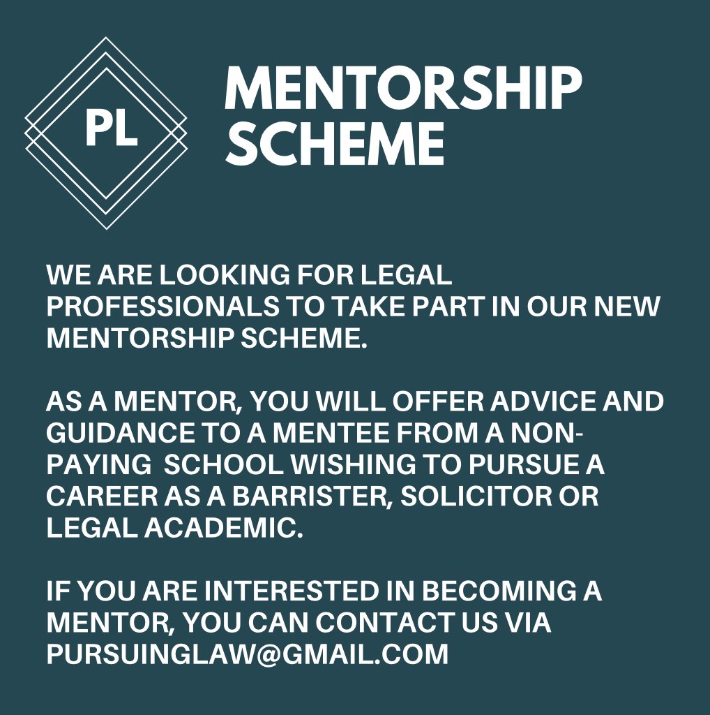 Pursuing_Law's tweet image. Do you have the skills and experience to help an aspiring barrister, solicitor or legal academic? If so, why not consider signing up for our mentorship scheme!                               Mentoring plays a key role in improving social mobility within the legal sector.