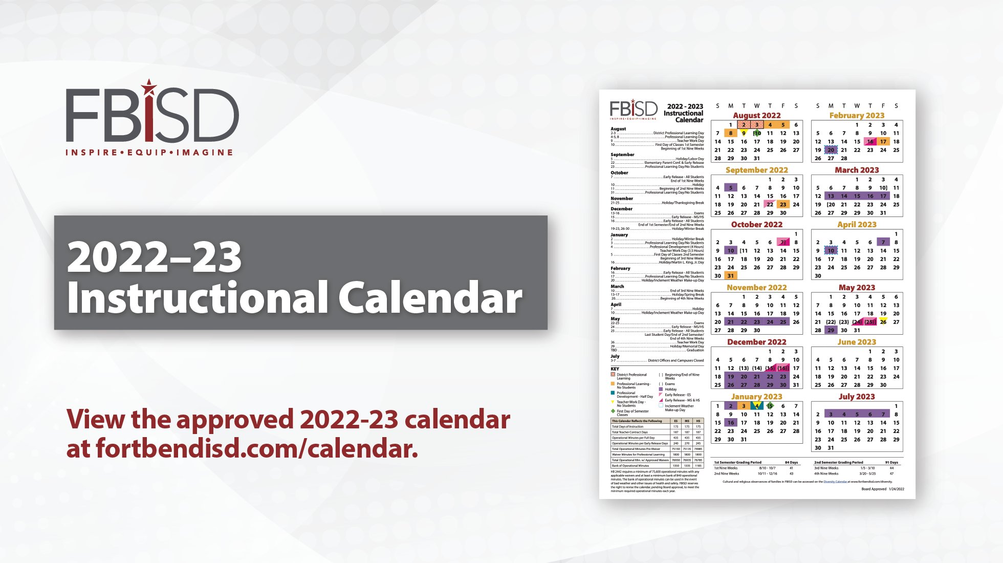 Fbisd Calendar 2022 Fort Bend Isd On Twitter: "The 2022-23 Instructional Calendar Has Been  Approved By The Fort Bend Isd Board Of Trustees. 📅 View The Approved 2022-23  Calendar At Https://T.co/Sussnjxanh. Https://T.co/Y4Gaewjwxc" / Twitter