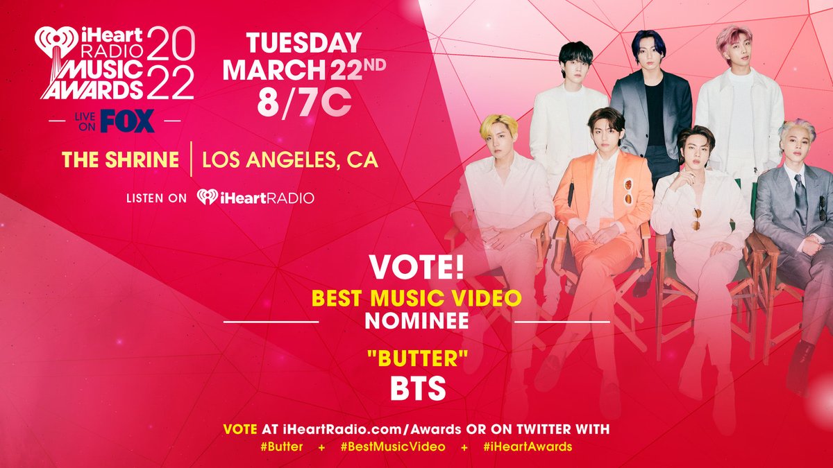 btschartdata's tweet photo. Vote #Butter for #BestMusicVideo at the 2022 #iHeartAwards. https://t.co/PWiPykCcSC