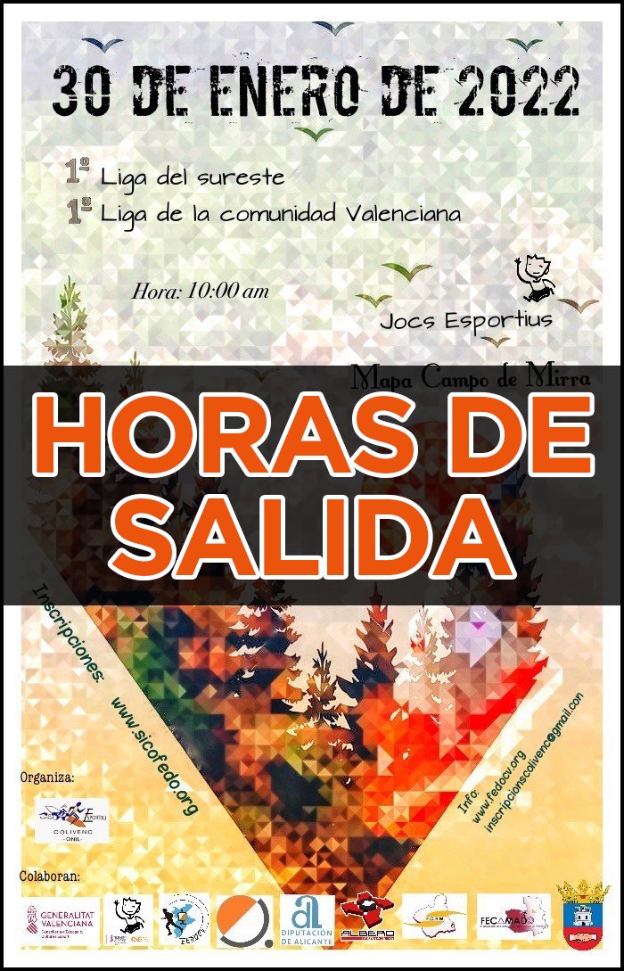 📢 HORAS DE SALIDA: 1ª prueba Liga Autonómica Comunidad Valenciana - 1ª #LigaSureste de #Orientación 2022, en Campo de Mirra (Alicante)
⌚️ fedocv.org/ficheros/lacv2…
ℹ️ Info: fedocv.org/noticias/1635-…
#orienteering #LACV