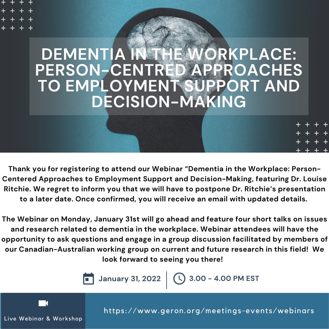 UPDATE: The countdown is on! Only 4 more days until the webinar which will feature four talks on issues and research related to #dementia in the workplace! For more information on the new developments to the webinar, take a look at the poster below!