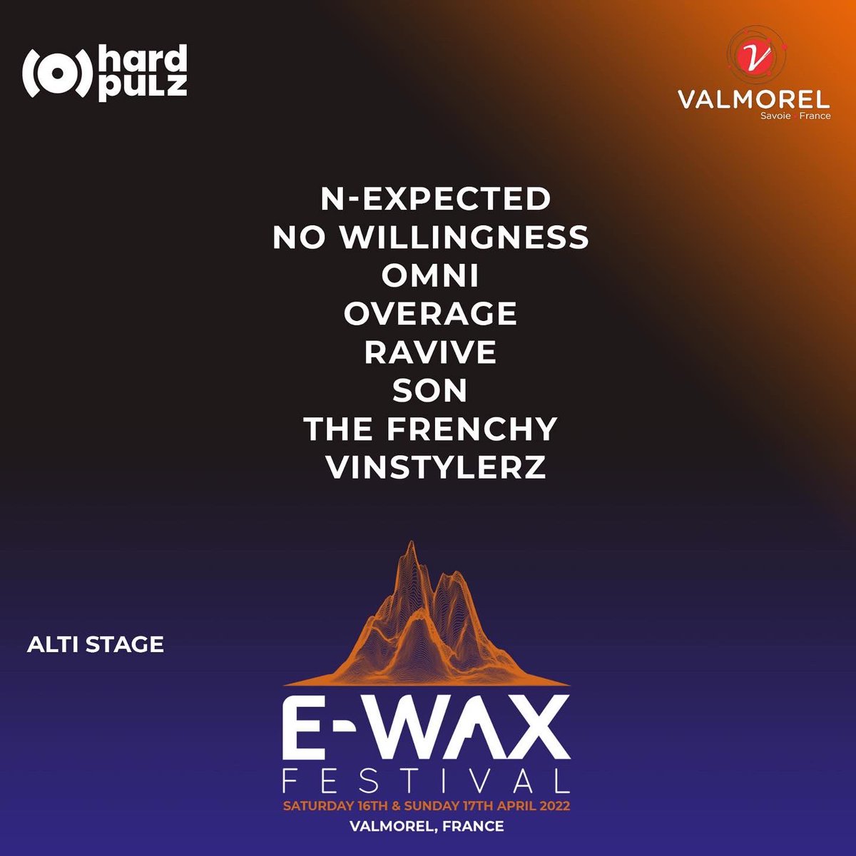 @hardpulz_events fait son grand retour à @valmorel_officiel et prendra le contrôle de l’Alti Stage Hardstyle les 16 et 17 avril !❄️🔥

Du Hardstyle au Hardcore, en passant par la Raw, la prometteuse génération du Hardstyle 🇫🇷 et 🇨🇭 vont se relayer à 2000m d’altitude 🎉

#ewax2022