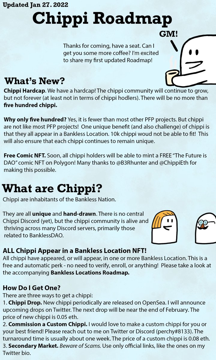 TheFutureisDAO1's tweet photo. 🚨 ROADMAPS 🚨 (1.27.2022)

GM! I've been busy working hard on the next Location, but I came up for air and to give updates! 

Please read the updated Roadmaps for Chippi and Bankless Locations 👇👇 THANK YOU ♥️🙏 https://t.co/GmbGCJ0bSL