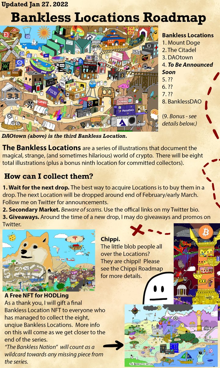 🚨 ROADMAPS 🚨 (1.27.2022)

GM! I've been busy working hard on the next Location, but I came up for air and to give updates! 

Please read the updated Roadmaps for Chippi and Bankless Locations 👇👇 THANK YOU ♥️🙏