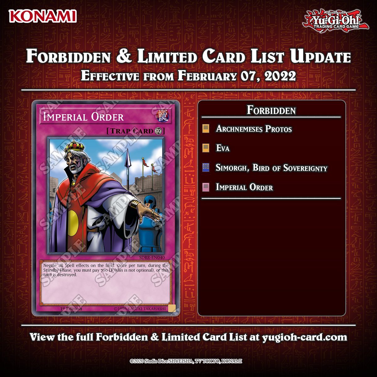 YuGiOh_TCG's tweet photo. ⚠️ Attention Duelists! ⚠️ 

The #YuGiOhTCG Forbidden &amp; Limited List has been updated!
These changes go into effect on February 7, 2022. 

The full list can be found at: https://t.co/W0PRLTuCxQ
#YuGiOh https://t.co/0ZtNnFqLto