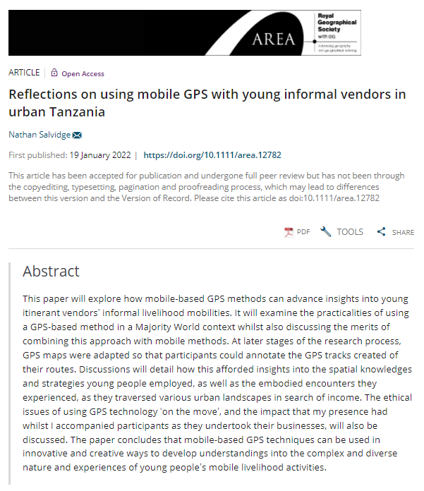RGS_IBGhe's tweet photo. New in #Area: 'Reflections on using mobile GPS with young informal vendors in urban Tanzania' by @NathanSalvidge (@UniofReading). https://t.co/z6zlGlIRGA https://t.co/TfHDp07SHM