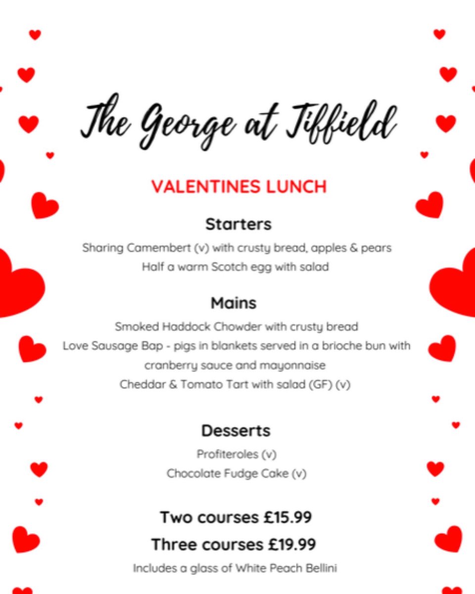 lauraj_cook's tweet photo. ❤️VALENTINES MENU❤️
Love it or hate we have some grub for you

❤️VALENTINES LUNCH MENU - Midday to 3pm
❤️VALENTINES EVENING MENU - 6pm and 9pm

PRE-BOOKING ESSENTIAL by Thursday 10th February - We are asking for £10 deposits per party too please thegeorge@tiffield.com https://t.co/ZPR4wrQTTo