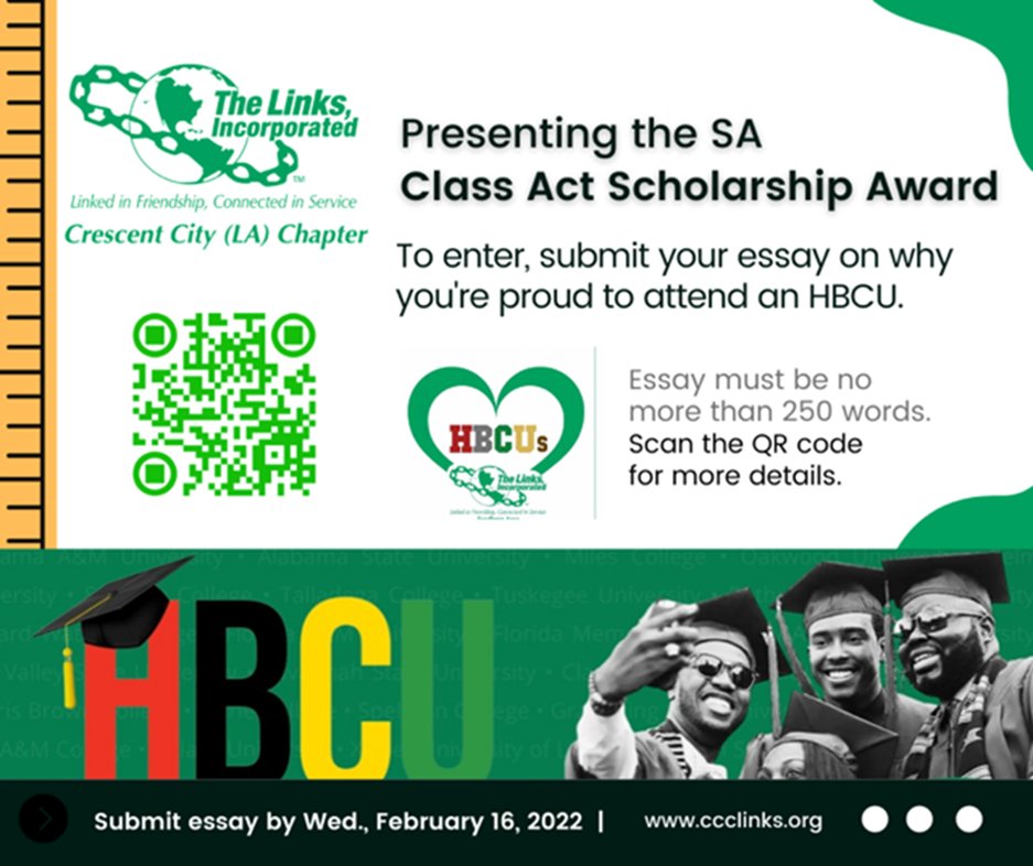 This spring of 2022, the Crescent City (LA) Chapter of The Links, Incorporated will award a $500 Class Act Scholarship, eligible to any college student attending Dillard University. If interested, click the attached link below. Deadline February 16th, 2022
docs.google.com/forms/d/1MaGcf…
