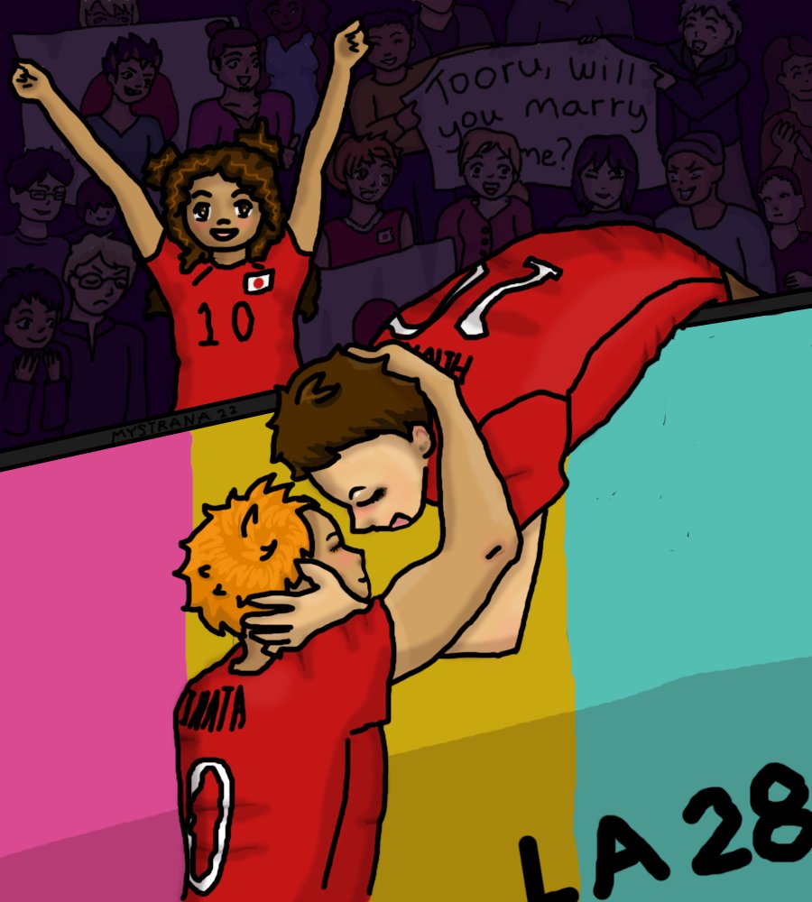 🏅headline: Oikawa Tooru shares a kiss with soon-to-be husband Hinata Shouyou @ the LA Olympics🏅

Artwork for <a href="/AniNinjaSpaz/">Sara ✻ local WIP cryptid 👽</a>'s super lovely fic for the @oihinabang:
☀️🌱Animal Pancakes and Pillow Fort Sleepovers: Marisol Oikawa's Guide to Dating Her Papa🌱☀️
link below ⤵️
