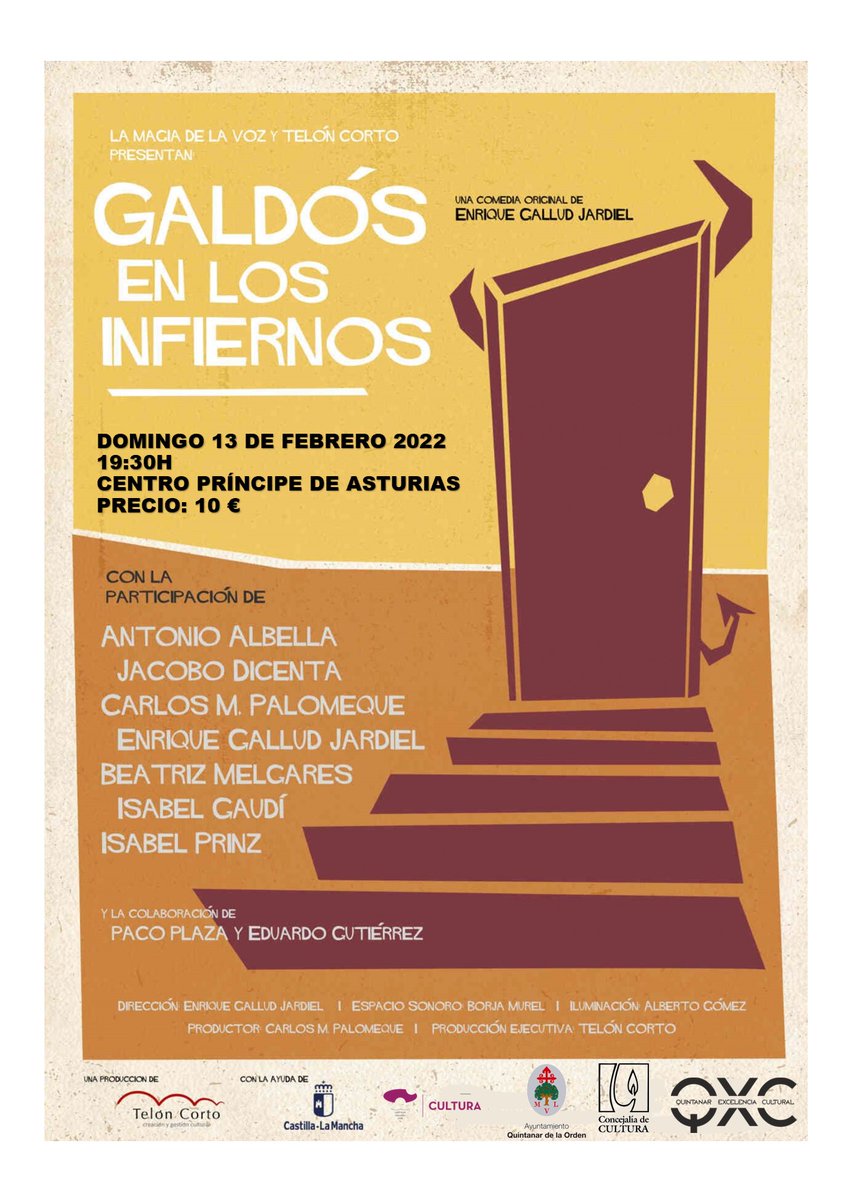 aytoquintanar's tweet photo. El próximo 13 de febrero a las 19.30 horas, representación #teatral "Galdós en los infiernos" en el Centro Cívico "Príncipe de Asturias". 
¡No te la pierdas!. https://t.co/pwJkADxGKv