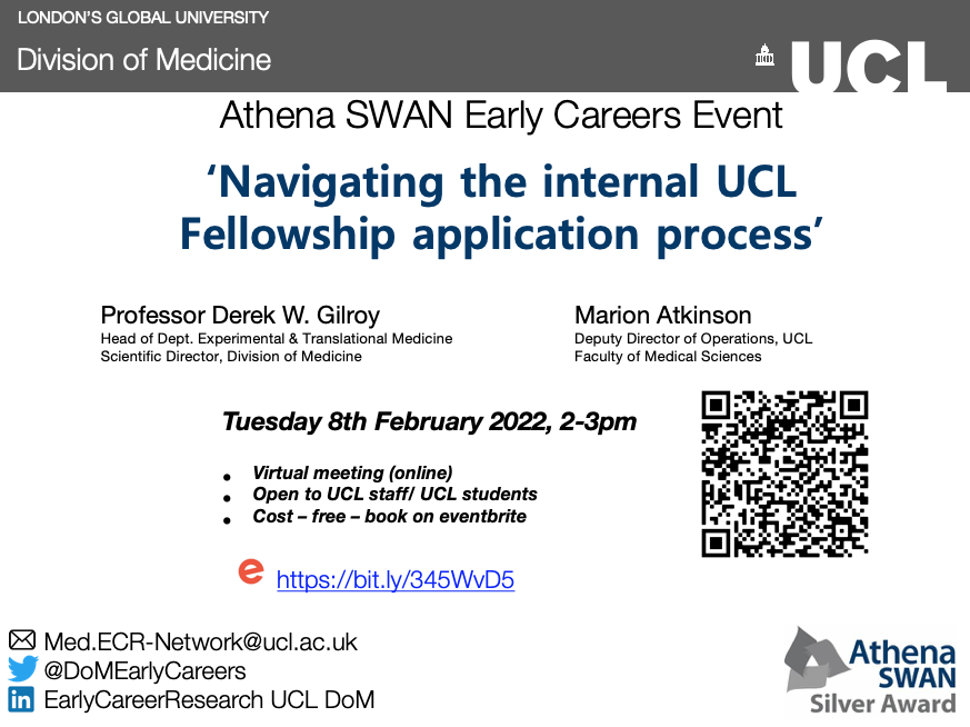 Are you looking to apply for a #fellowship? Join our next event to hear from @DerekGilroy1 and Marion Atkinson about the internal UCL Fellowship #ApplicationProcess for #ECRs!

🗓️8th February 2022
⏰14:00-15:00 (BST)
🖥️Teams webinar

Register here👉: bit.ly/345WvD5