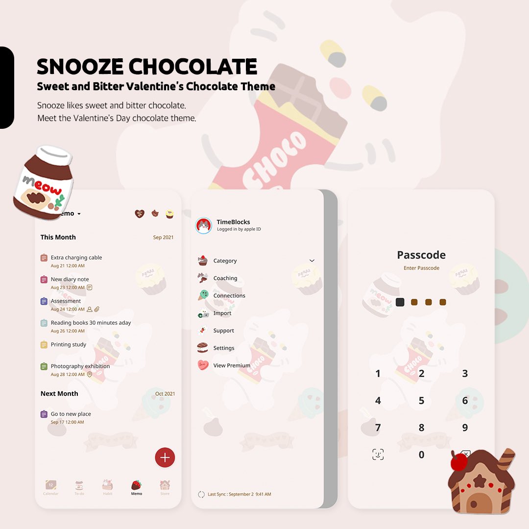 SnoozeKittens's tweet image. 스누즈키튼즈 X 타임블록스 초코가좋아 테마&amp;amp;스티커🍫

TimeBlocks 는 모바일에서도 쉽게 스케줄링 할 수 있는 다이어리앱이에요. 타임블록스 앱에서 &apos;스누즈 초코가좋아&apos;를 찾아주세요.(인앱구매)🛒

#스누즈키튼즈 #타임블록스 #TimeBlocks #발렌타인데이 #ValentinesDay