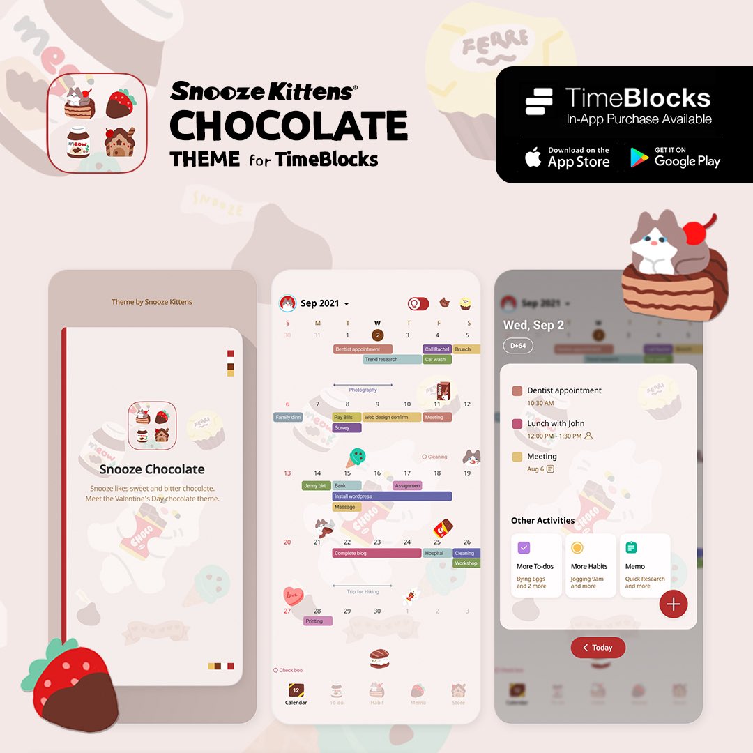 SnoozeKittens's tweet image. 스누즈키튼즈 X 타임블록스 초코가좋아 테마&amp;amp;스티커🍫

TimeBlocks 는 모바일에서도 쉽게 스케줄링 할 수 있는 다이어리앱이에요. 타임블록스 앱에서 &apos;스누즈 초코가좋아&apos;를 찾아주세요.(인앱구매)🛒

#스누즈키튼즈 #타임블록스 #TimeBlocks #발렌타인데이 #ValentinesDay
