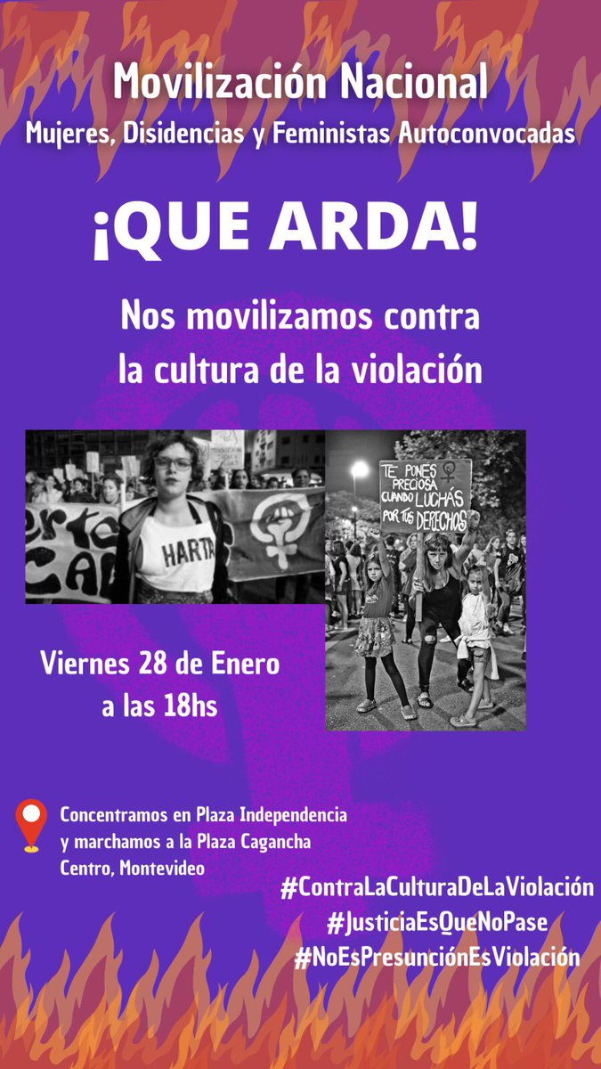 Mañana nos movilizamos en todo el país.
#ContraLaCulturaDeLaViolación 
En pocas horas, la fuerza y la entrega de mujeres, disidencias y feministas autoconvocadas derivó en una movida nacional ✊🏽💜

En Montevideo 👇🏼