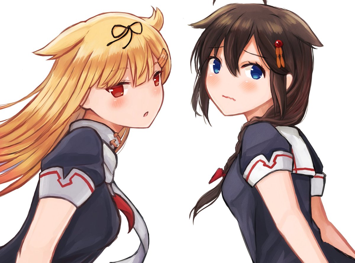 shigure (kancolle) ,shigure kai ni (kancolle) ,yuudachi (kancolle) ,yuudachi kai ni (kancolle) multiple girls 2girls blue eyes blonde hair hair ornament long hair hair flaps  illustration images