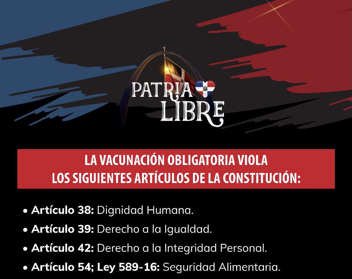 YANSEGURAM's tweet photo. PROTESTA CÍVICA: El país necesita unificarse NO CONTRA LAS VACUNAS, sino CONTRA LA VACUNACIÓN OBLIGATORIA, próximo lunes gobierno pretende IMPONER RESTRICCIONES inconstitucionales, a quienes no se vacunen con una 3RA DOSIS. Usemos los HT #RDProtesta6Feb y #DictaduraSanitariaRD https://t.co/r3PxRbUK8b