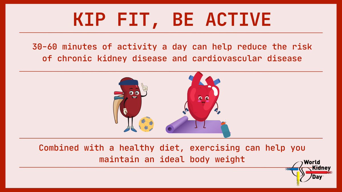 worldkidneyday's tweet photo. Exercising has many benefit such as helping you maintain an ideal body weight, reduce your blood pressure and the risk of Chronic Kidney Disease! #MyGr8Rule #WorldKidneyDay #KidneyHealthForAll #Prevention #KidneyDisease https://t.co/niOZsrSPyu