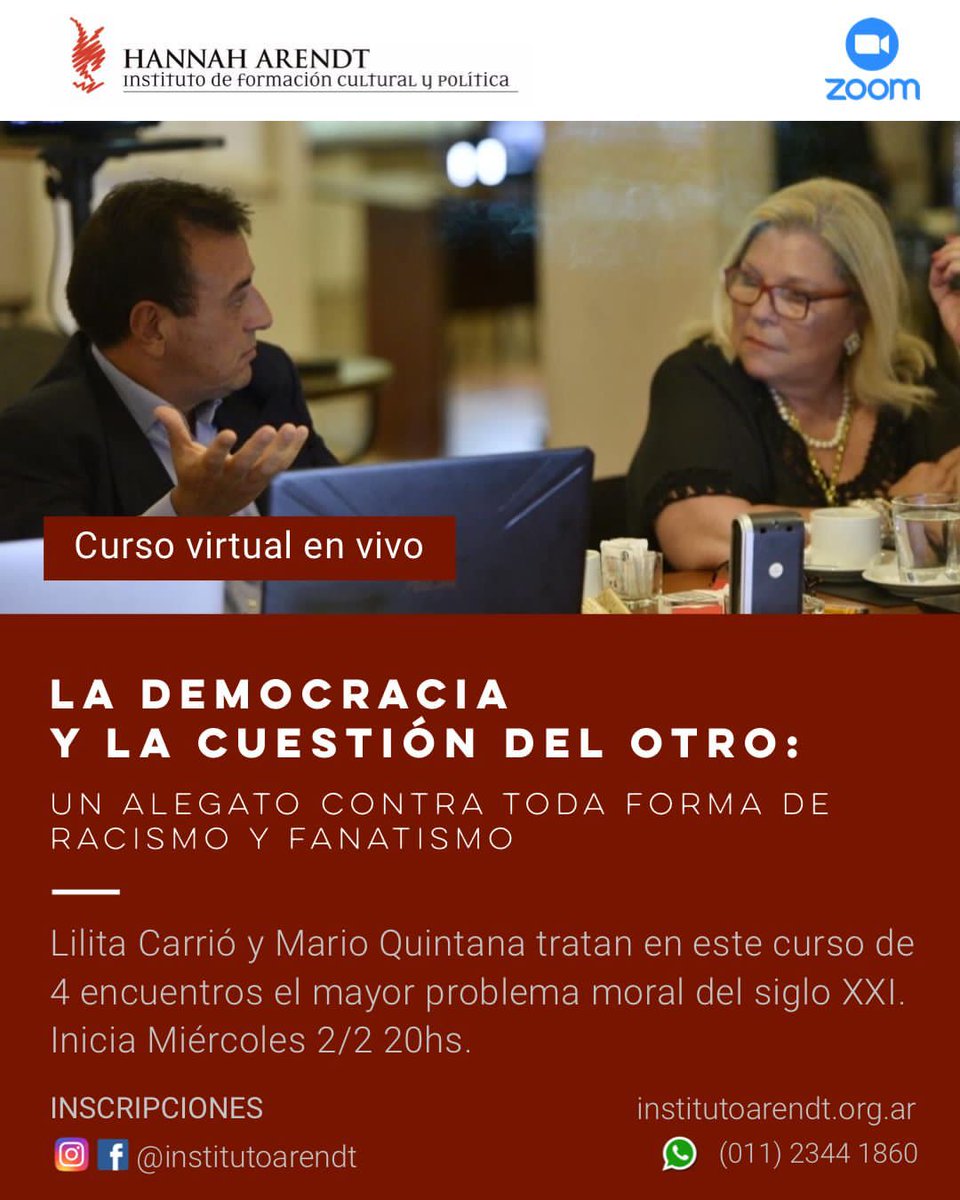 elisacarrio's tweet image. Nuevo curso en el Instituto H. Arendt 
“La Democracia y la cuestión del otro”.
Podes inscribirte acá 👇
institutoarendt.org.ar/service-page/l…