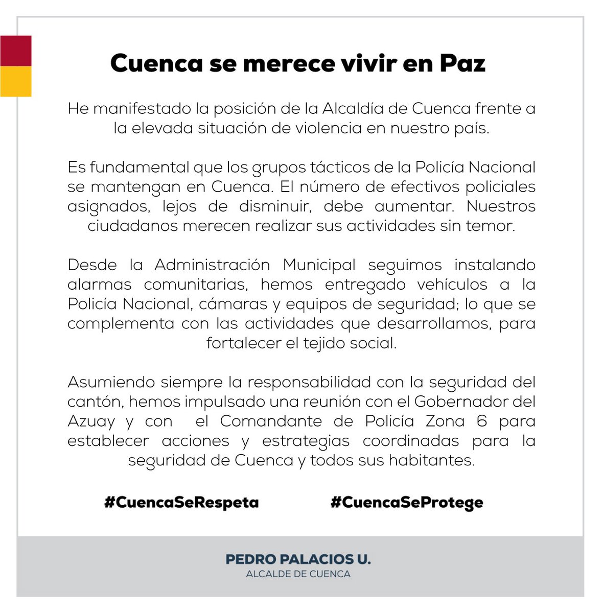 pedropalaciosu's tweet photo. 🔴 Comunicado importante para la ciudadanía ⬇️

#CuencaSeRespeta
#CuencaSeProtege https://t.co/4rCJwuXBbY