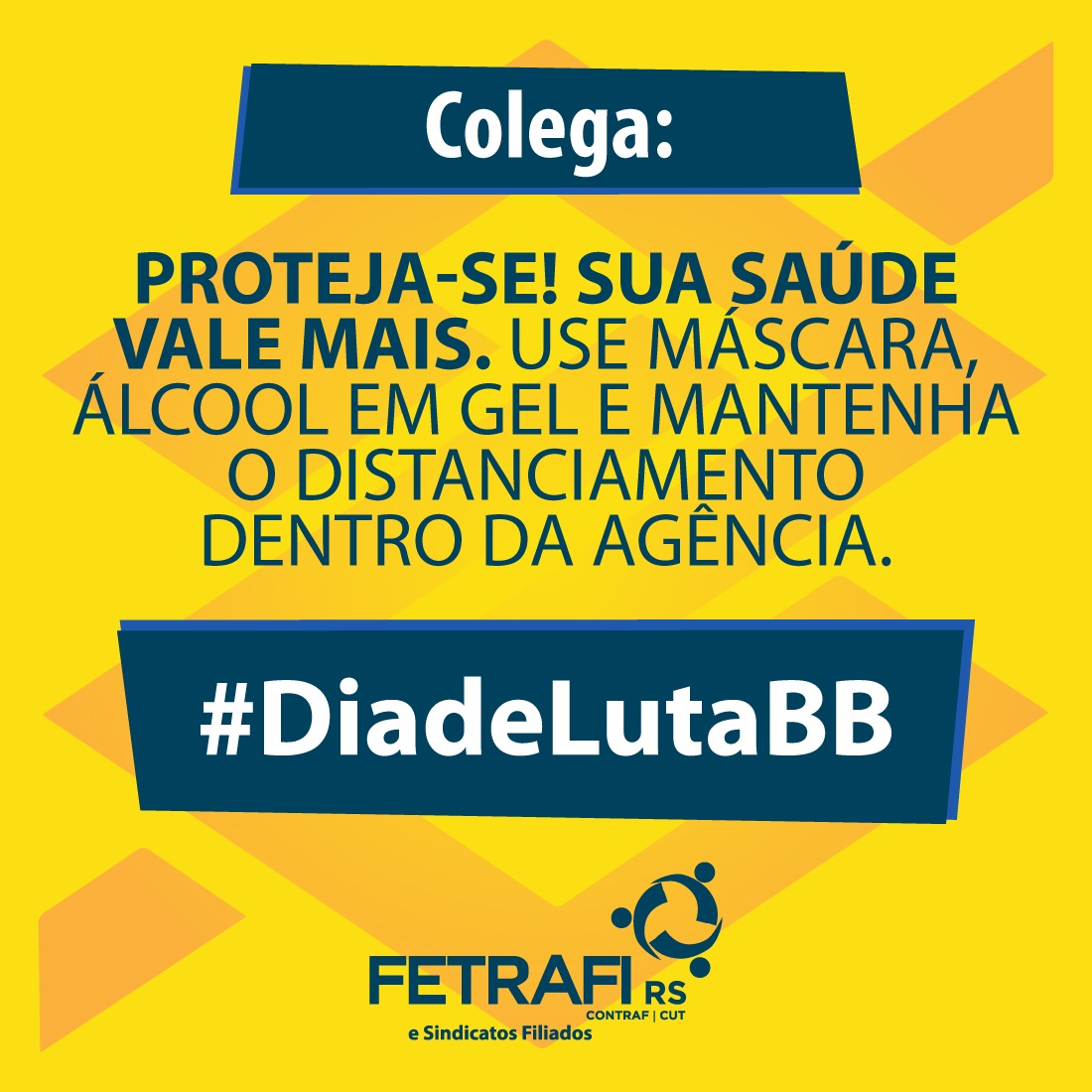 fetrafi_rs's tweet photo. Com saúde não se brinca, @BancodoBrasil. Mais de 500 colegas já pegaram Covid desde o primeiro dia do ano. Se você não cuida, a gente cuida. Colegas, cobrem o reforço  dos protocolos! Cuidem-se! #DiadeLutaBB https://t.co/MjNzmtjI7q