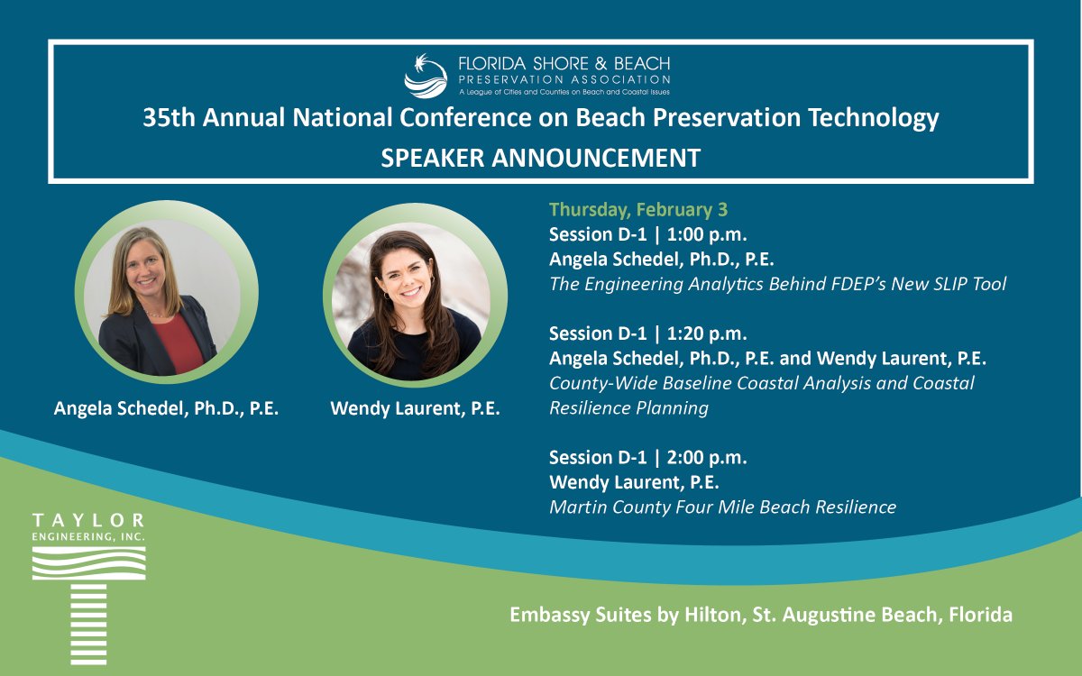 Tayloreng's tweet photo. Taylor Engineering’s Angela Schedel, Ph.D., P.E and Wendy Laurent, P.E. will be presenting at @FSBPA #BeachTech22 next week! #FSBPA #coastalengineering #resiliency https://t.co/CIKSOTXtY1
