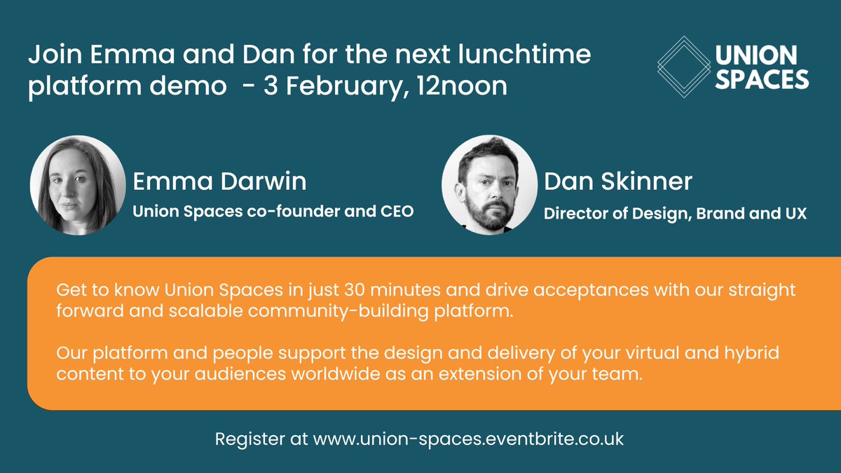 UnionSpaces's tweet image. Next Thursday, in just 30 minutes, we'll show you how Union Spaces drives acceptances with a straightforward, scalable community-building platform and high-touch support to deliver your virtual and hybrid content to your audiences worldwide. 

Join us - ow.ly/ywEP50HrPmO