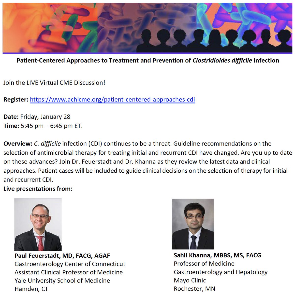 Join @DrPaulGastro and I for an invigorating live virtual #CME on Jan 29th at 1645 CST on Patient-Centered Approaches to Treatment and Prevention of Clostridioides difficile. #Cdiff #FMT #Microbiome #antibiotics @achlcme @cdiffFoundation @jgijournal achlcme.org/patient-center…